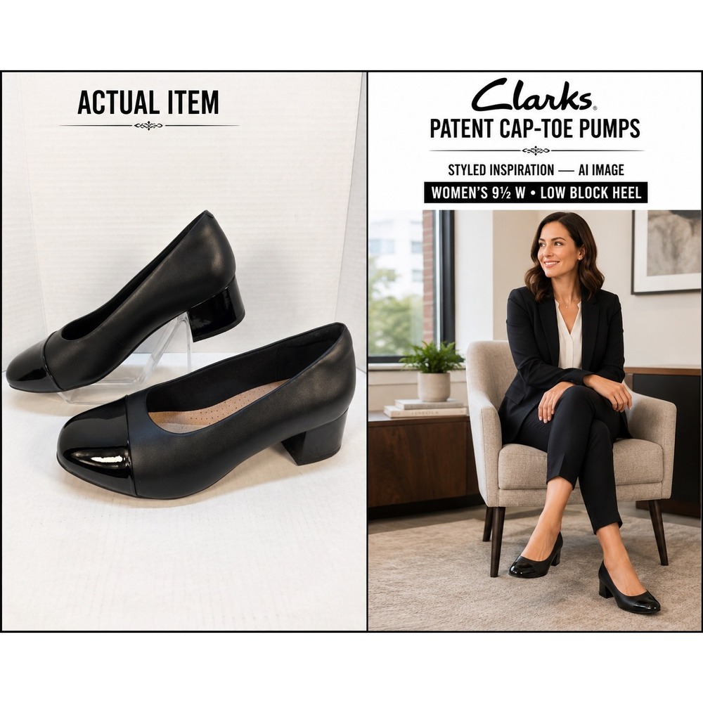 Clarks Collection Pump Womens 9.5W Black NWOT Cap Toe Block Heel 261534135070